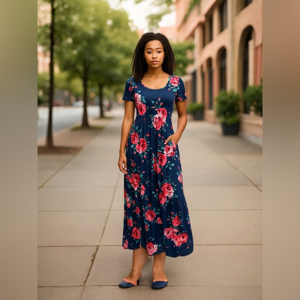 Blue and Pink short Sleeve Maxi Sundress
